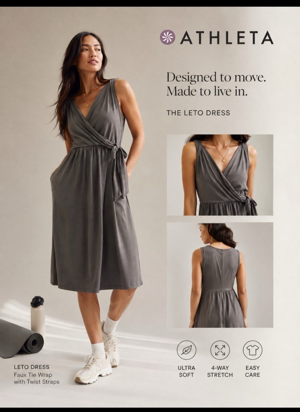 Women's Athleta Leto Dress Faux Tie Wrap Size Medium Grey/Brown Taupe Color